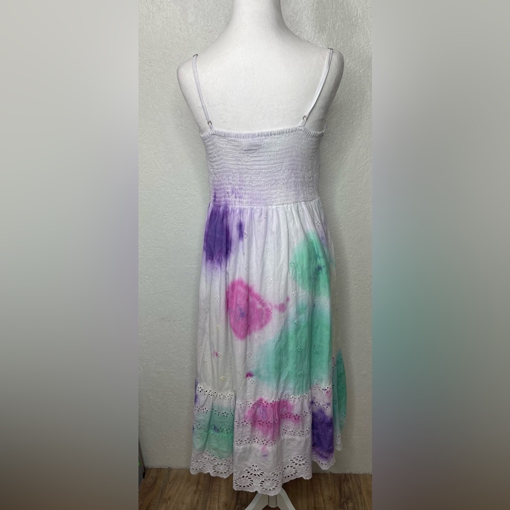 Pastel Tie Dye Eyelet Sundress Boho Coastal Cottagecore Midi Summer Vacation Lg - Picture 10 of 12